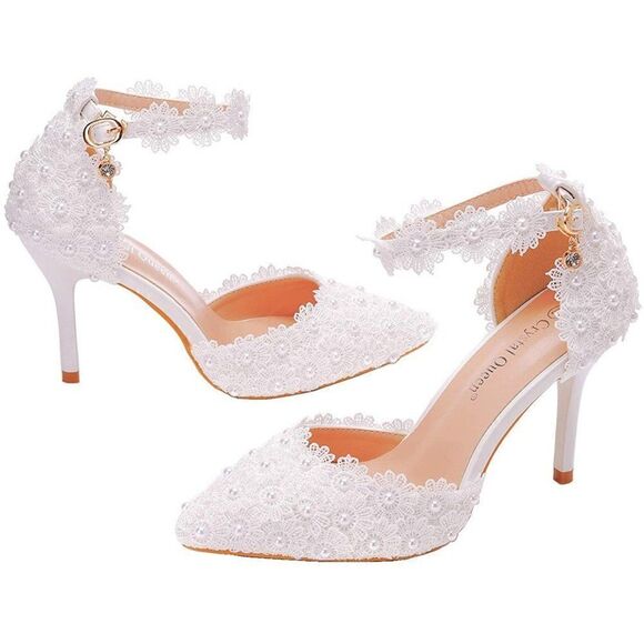 Wedding Heel Sandals White Lace Pearls Wedding Shoes Pointed Toe Bridal Shoe - Picture 3 of 7